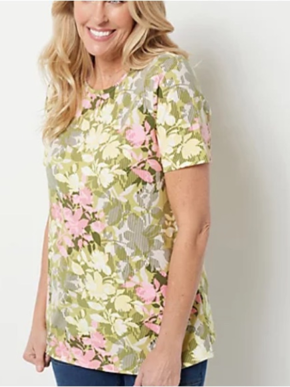 Denim&Co Fiesta Floral Short-Sleeve Crewneck Tunic Top